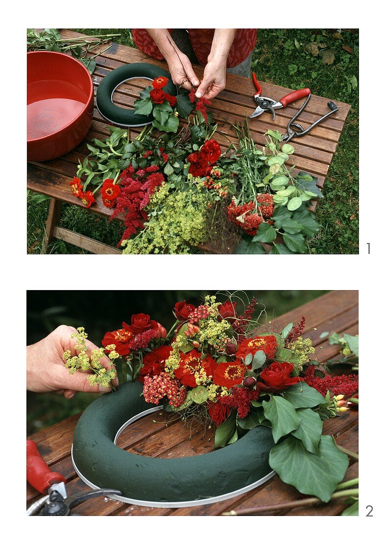 Making a wreath of flowers using flowering arranging foam