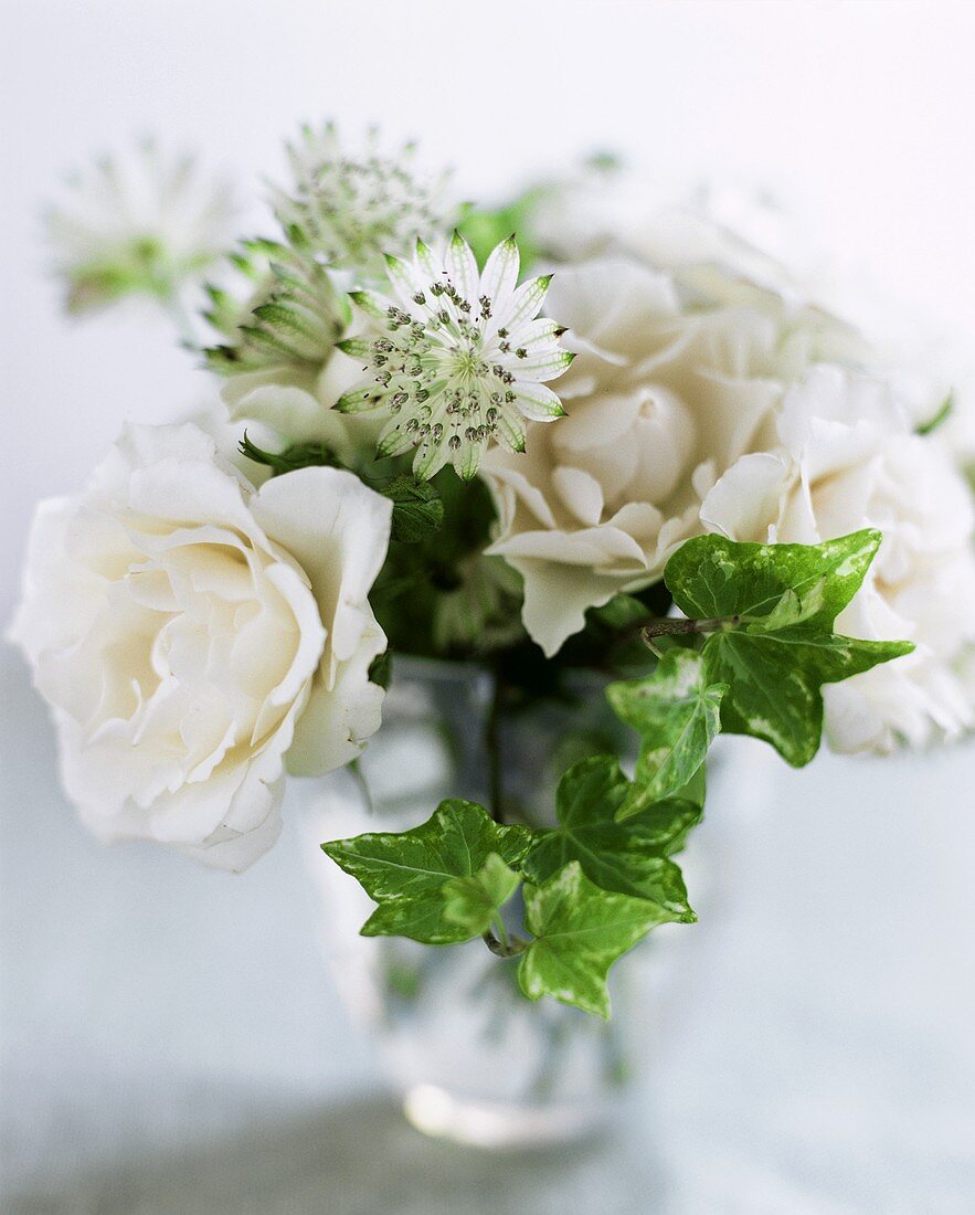 Bouquet of white roses and exotic flowers