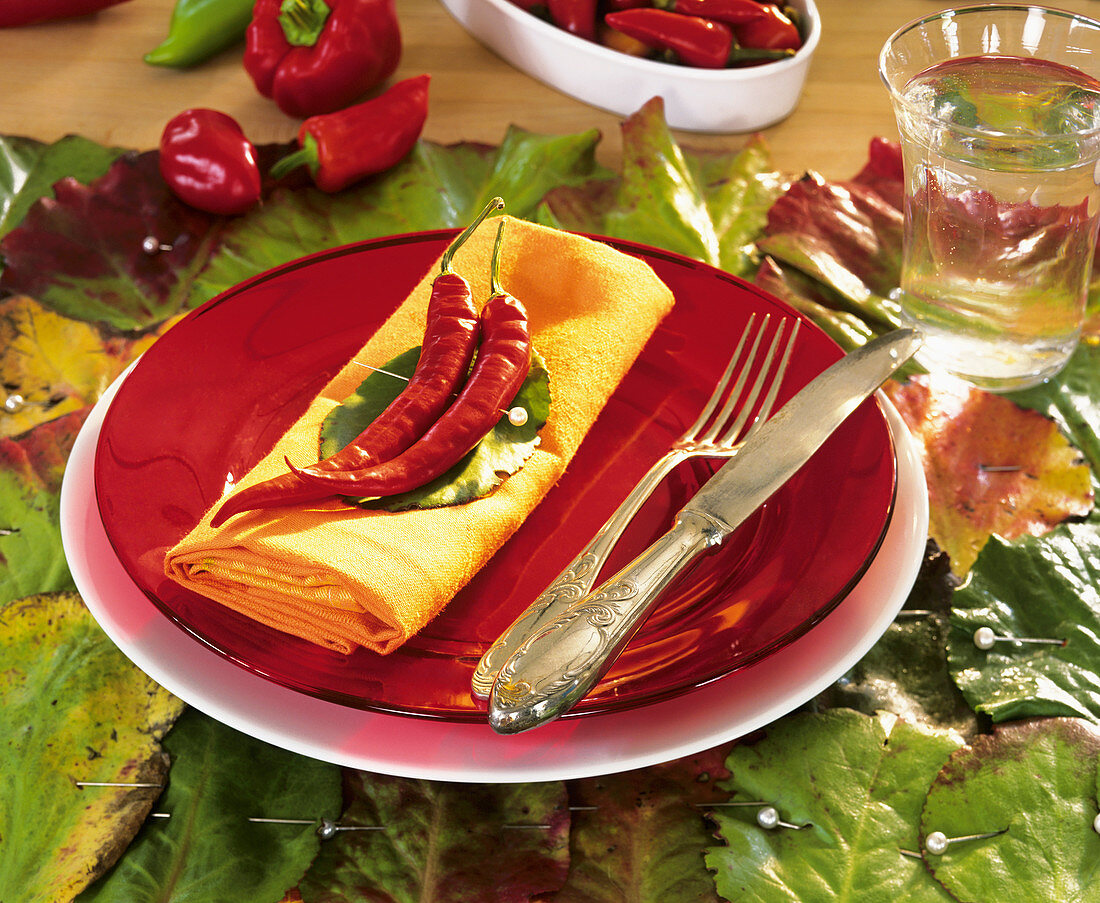 Bergenienblätter, Peperonies und Paprika auf rotem Teller
