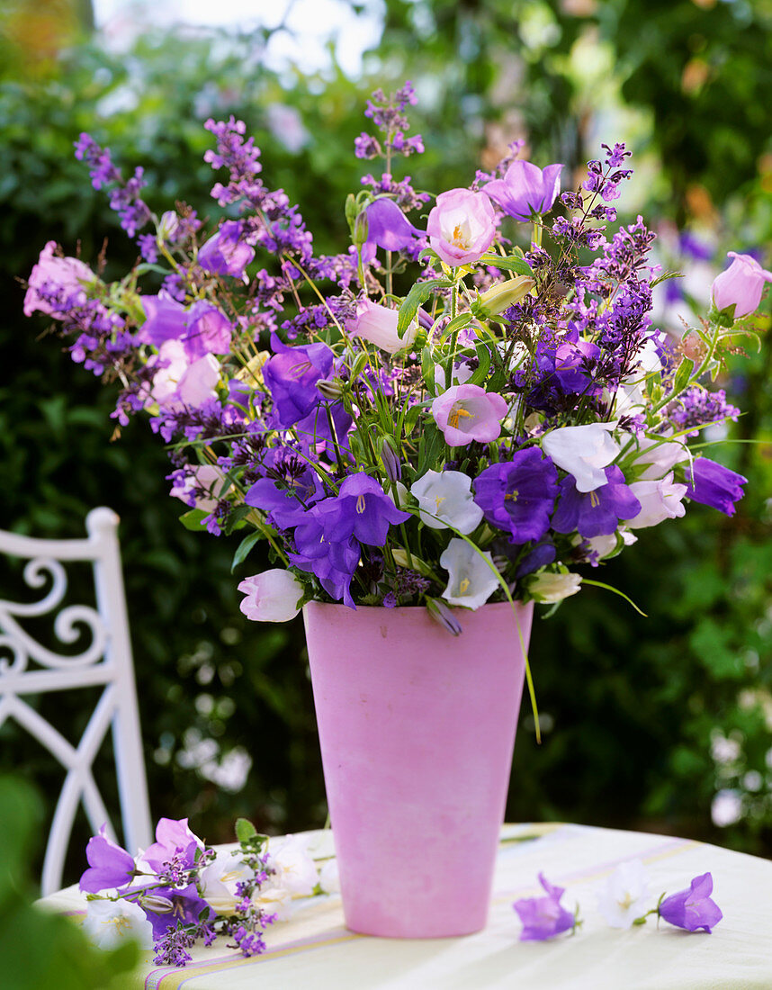 Campanulas, catmint and grasses in pink vase