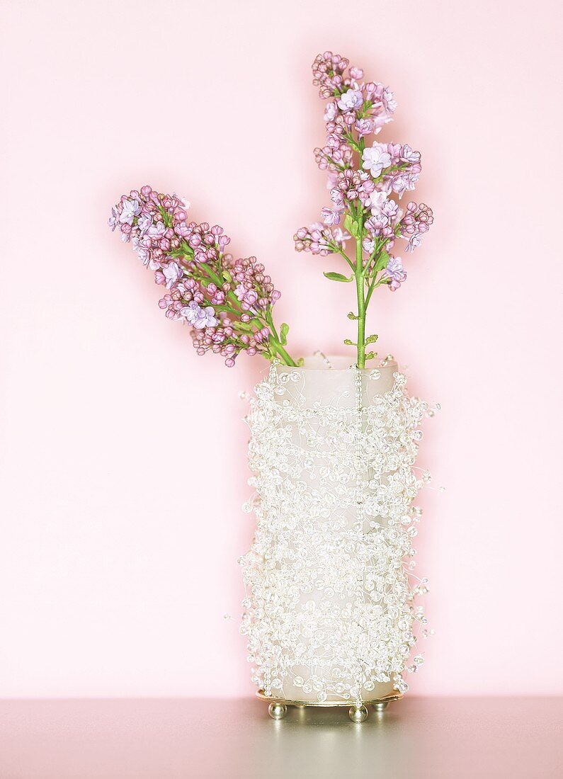 Two pink lilac flowers in a pearly vase