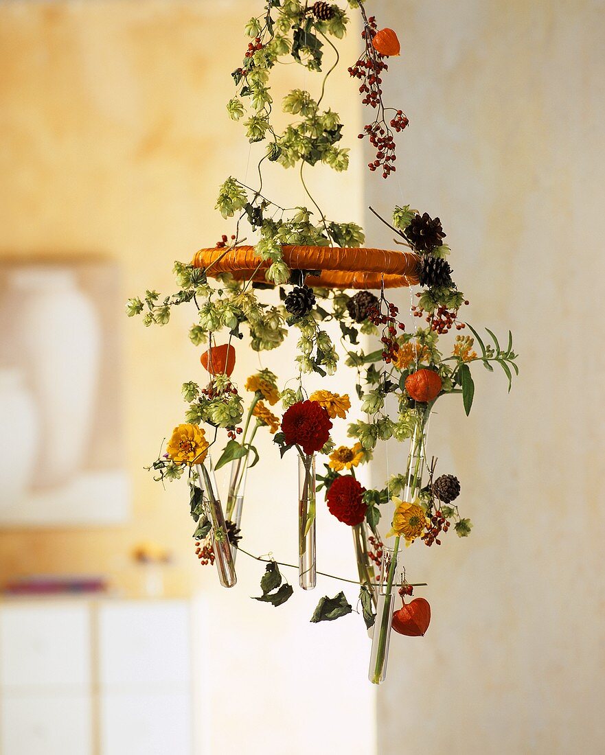 Mobile of hop tendrils and flowers in glass tubes
