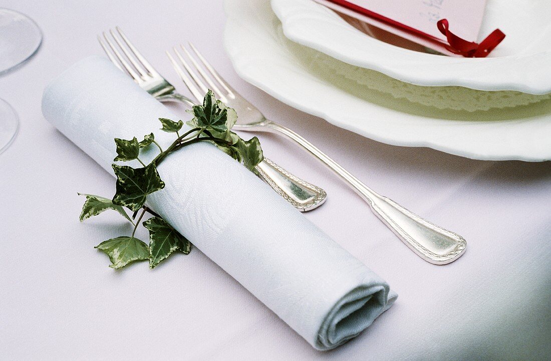 Rolled fabric napkin with ivy, two forks, plate