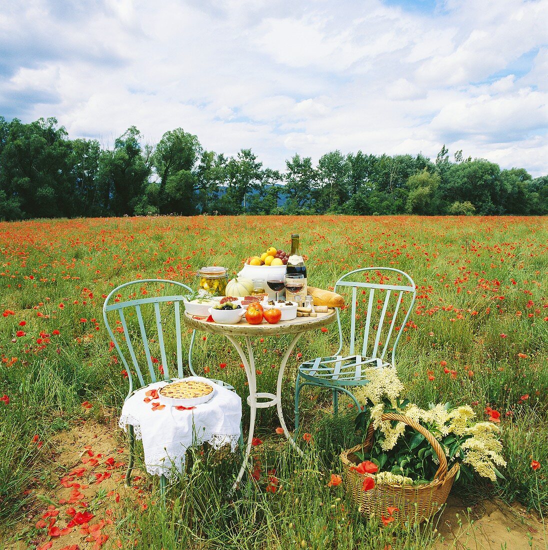 Table laid in poppy field with wine, bread, vegetables, fruit