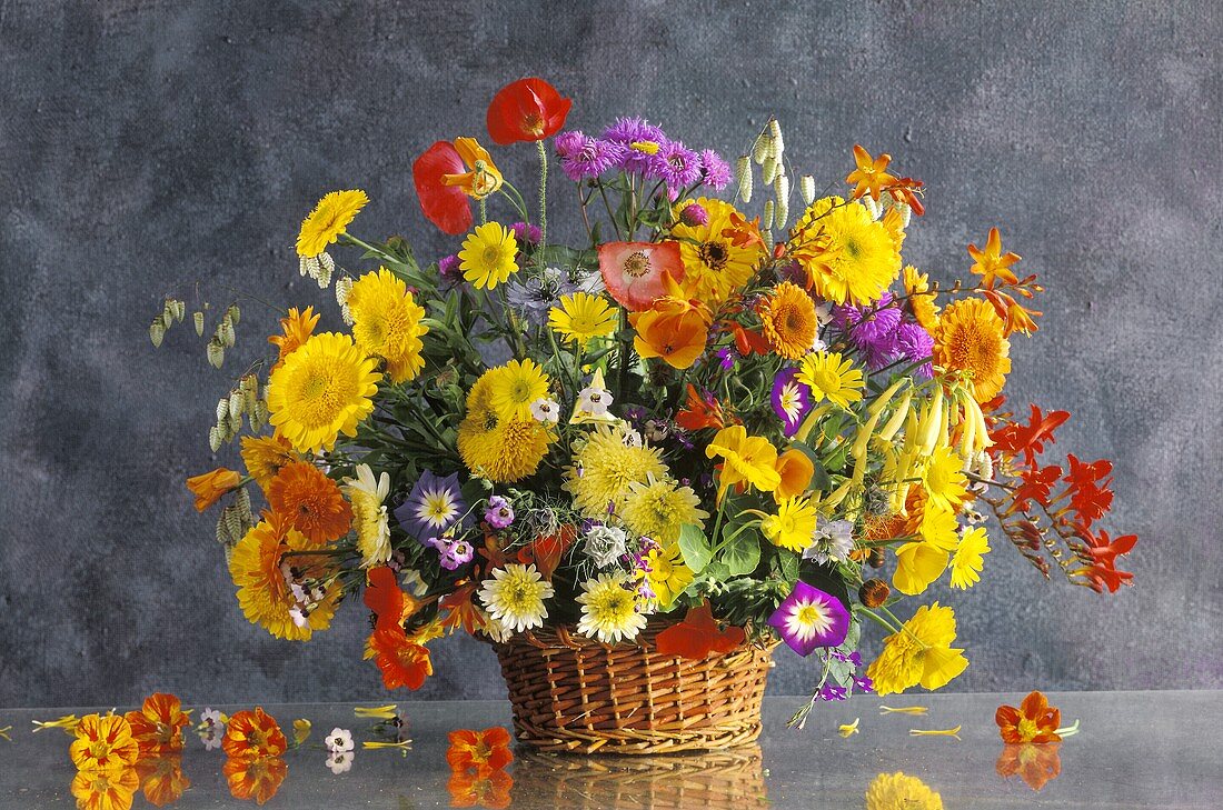 Summer bouquet with marigolds and poppies