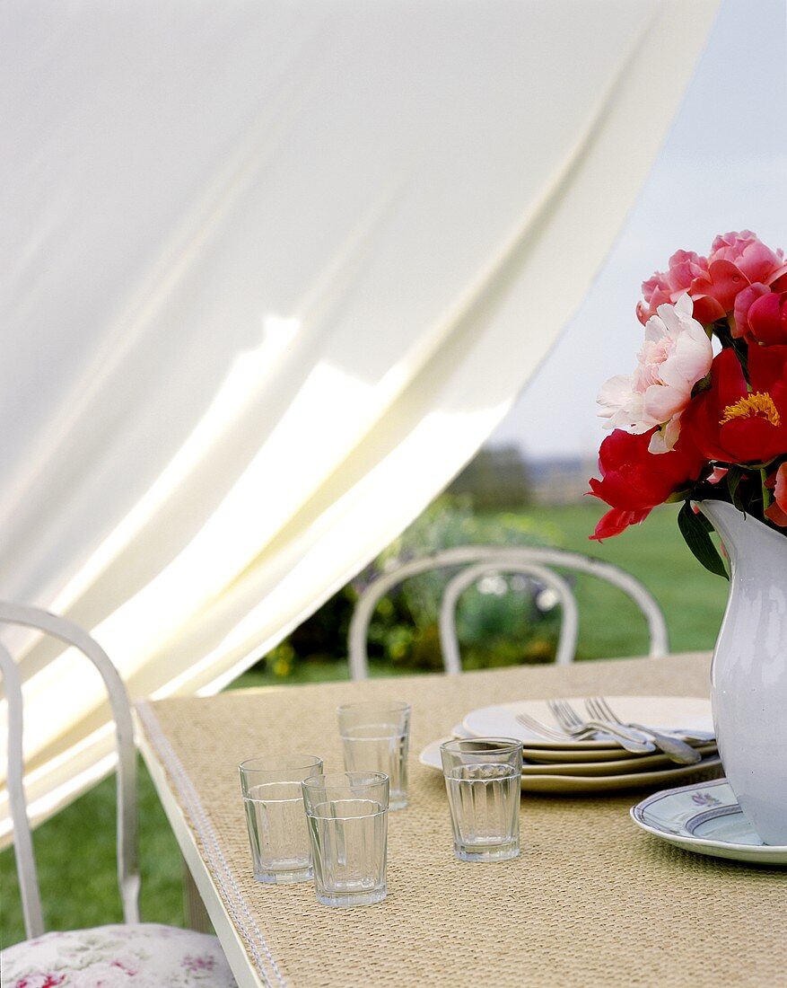 Table in open air with glasses, plates and peonies