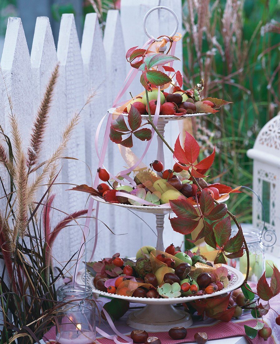 Rose hips, chestnuts, hydrangeas, autumn leaves on tiered stand