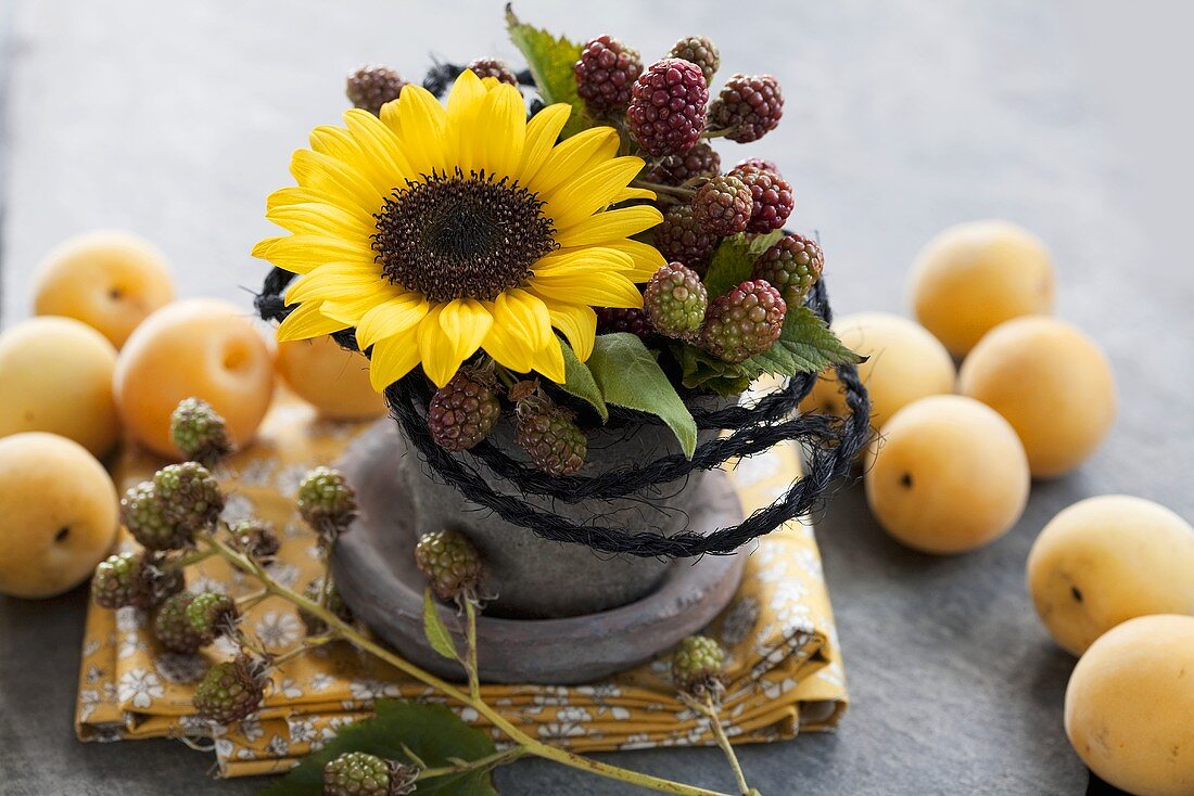 Gesteck aus Sonnenblume und Brombeerzweigen, Aprikosen