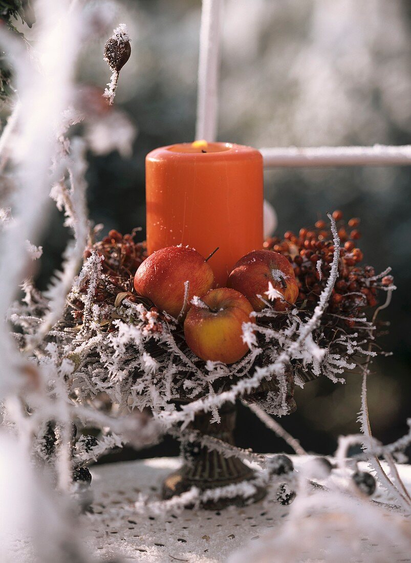 Arrangement with candle, ornamental apples and berries