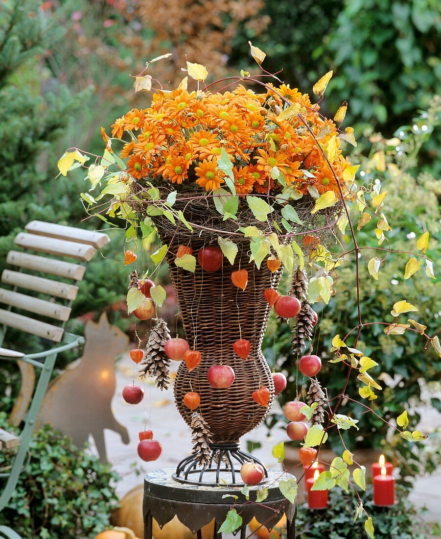 Korbvase mit Herbstchrysanthemen, Äpfeln und Lampionblumen