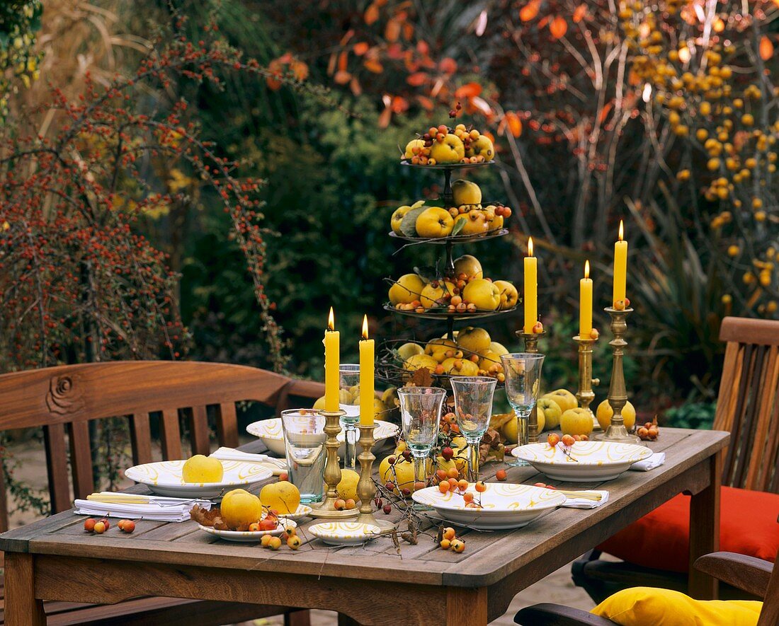 Tiered stand with quinces on laid table with autumnal theme