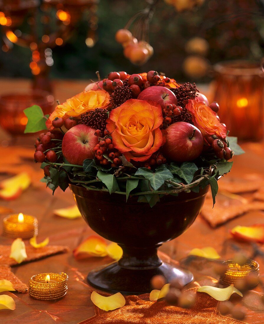 Roses, rose hips, ivy, Skimmia and medlar in a bowl