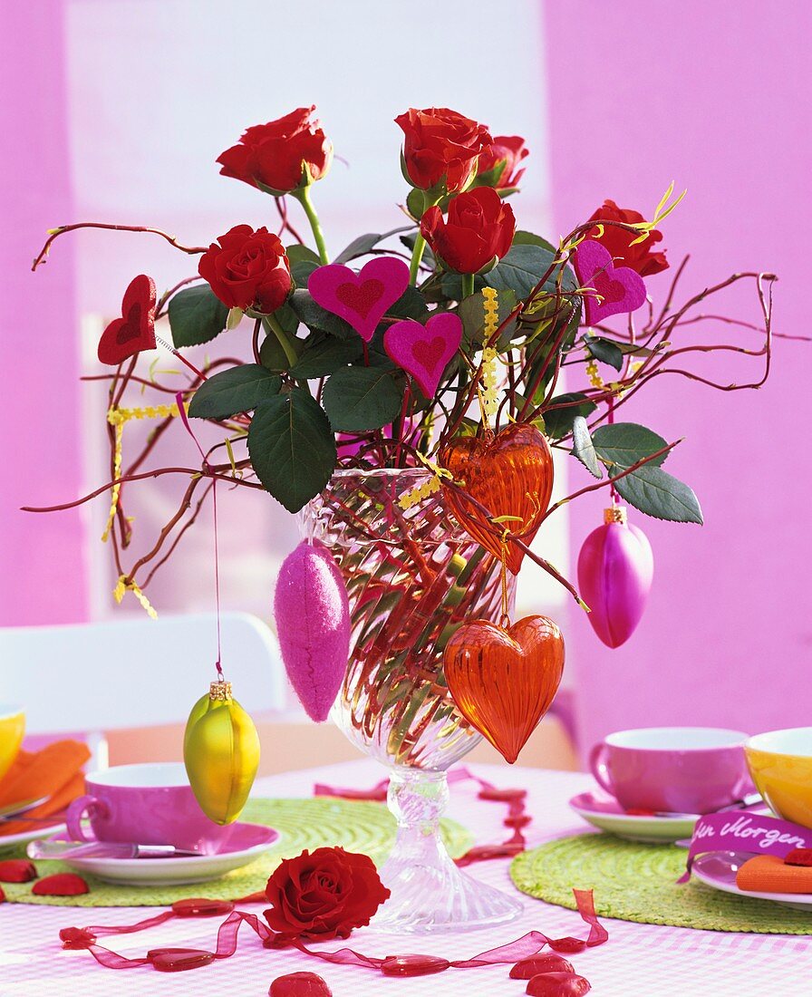 Arrangement of roses decorated with glass and felt hearts