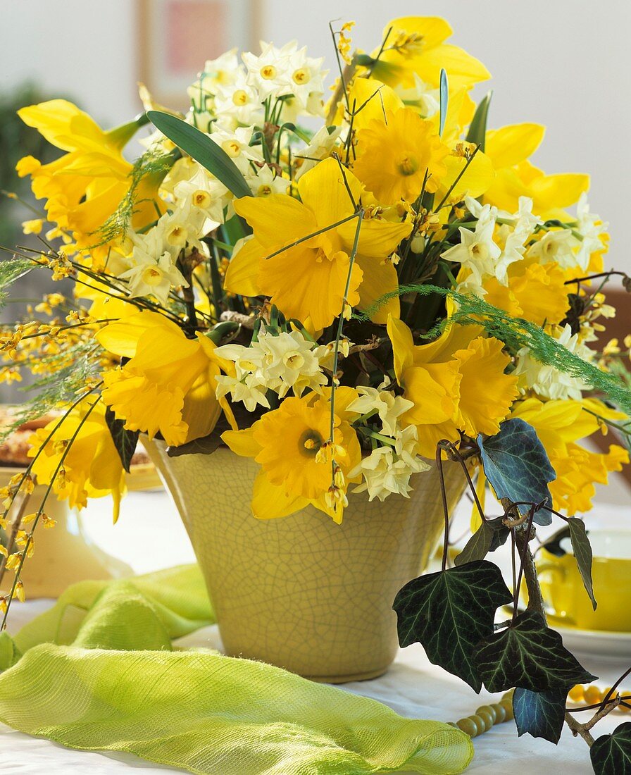 Arrangement of narcissi and ivy