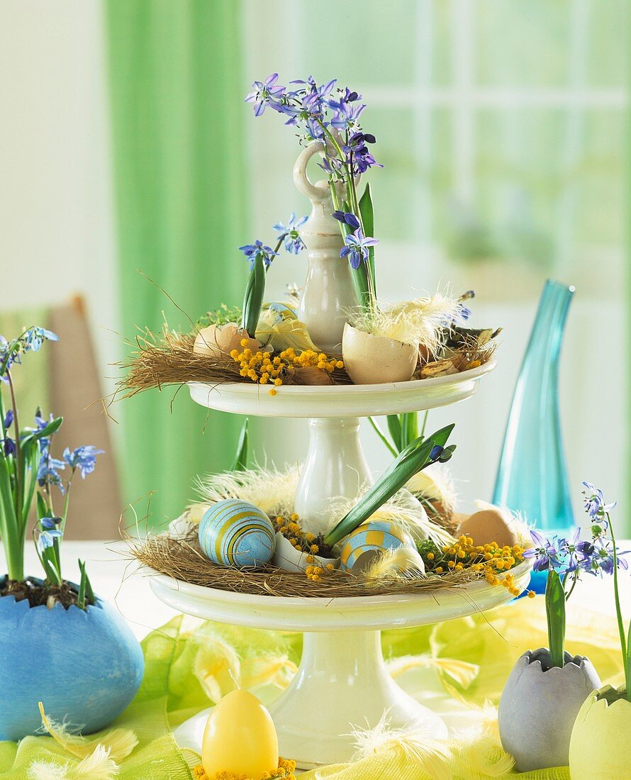 Tiered porcelain stand with Easter decorations and scillas