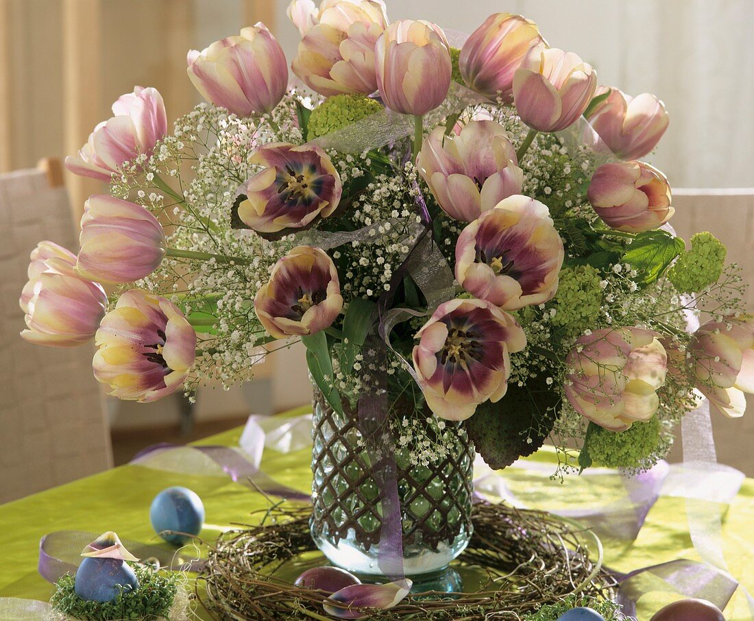 Arrangement of tulips, Gypsophila & Viburnum; Easter eggs