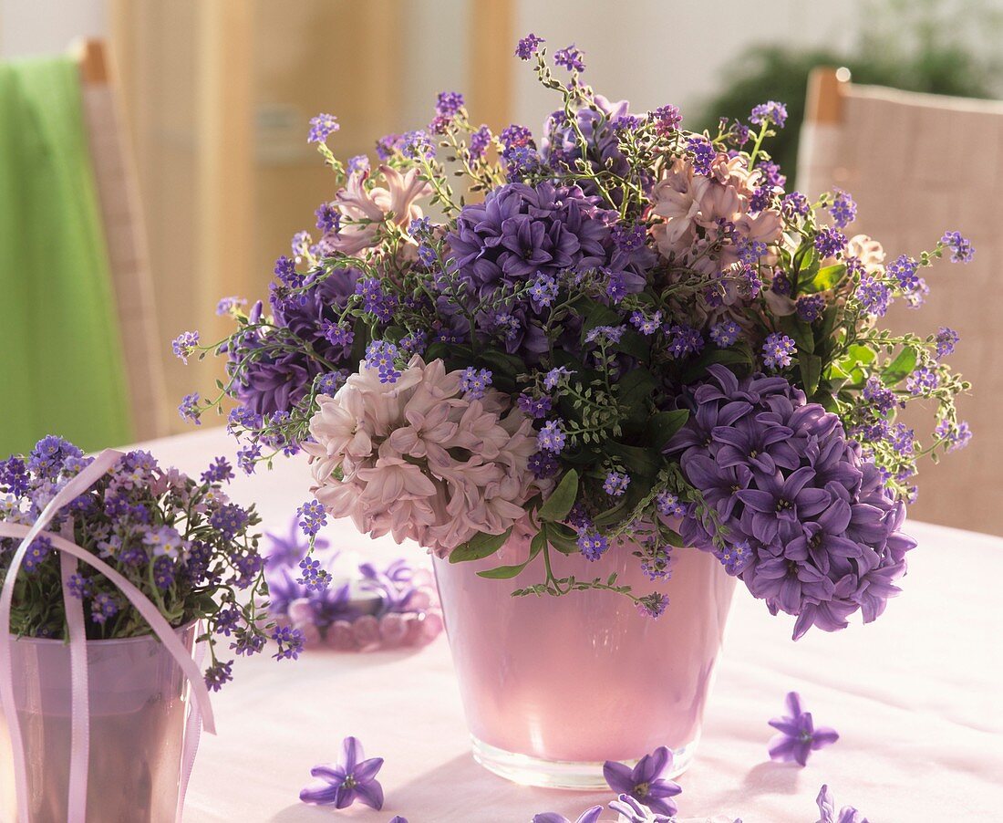 Arrangement of hyacinths and forget-me-nots