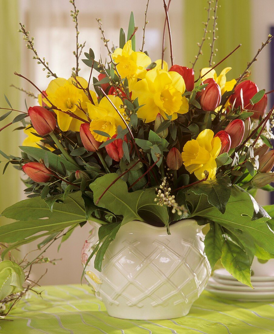 Arrangement of daffodils and tulips