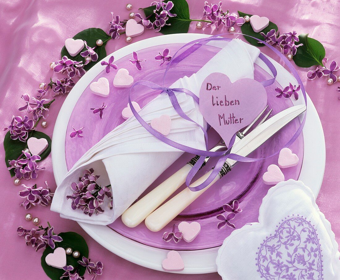 Place-setting with lilac for Mother's Day