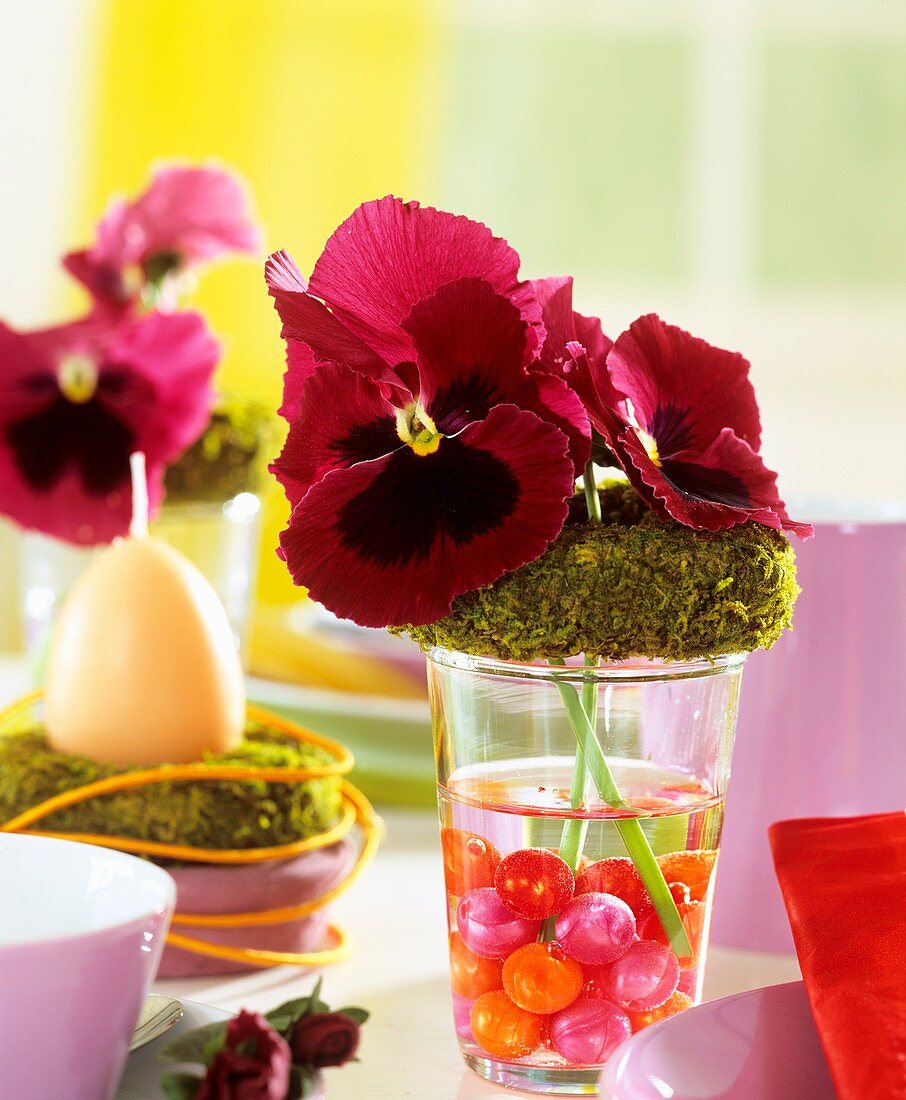 Pansies with moss ring & glass balls as Easter decoration