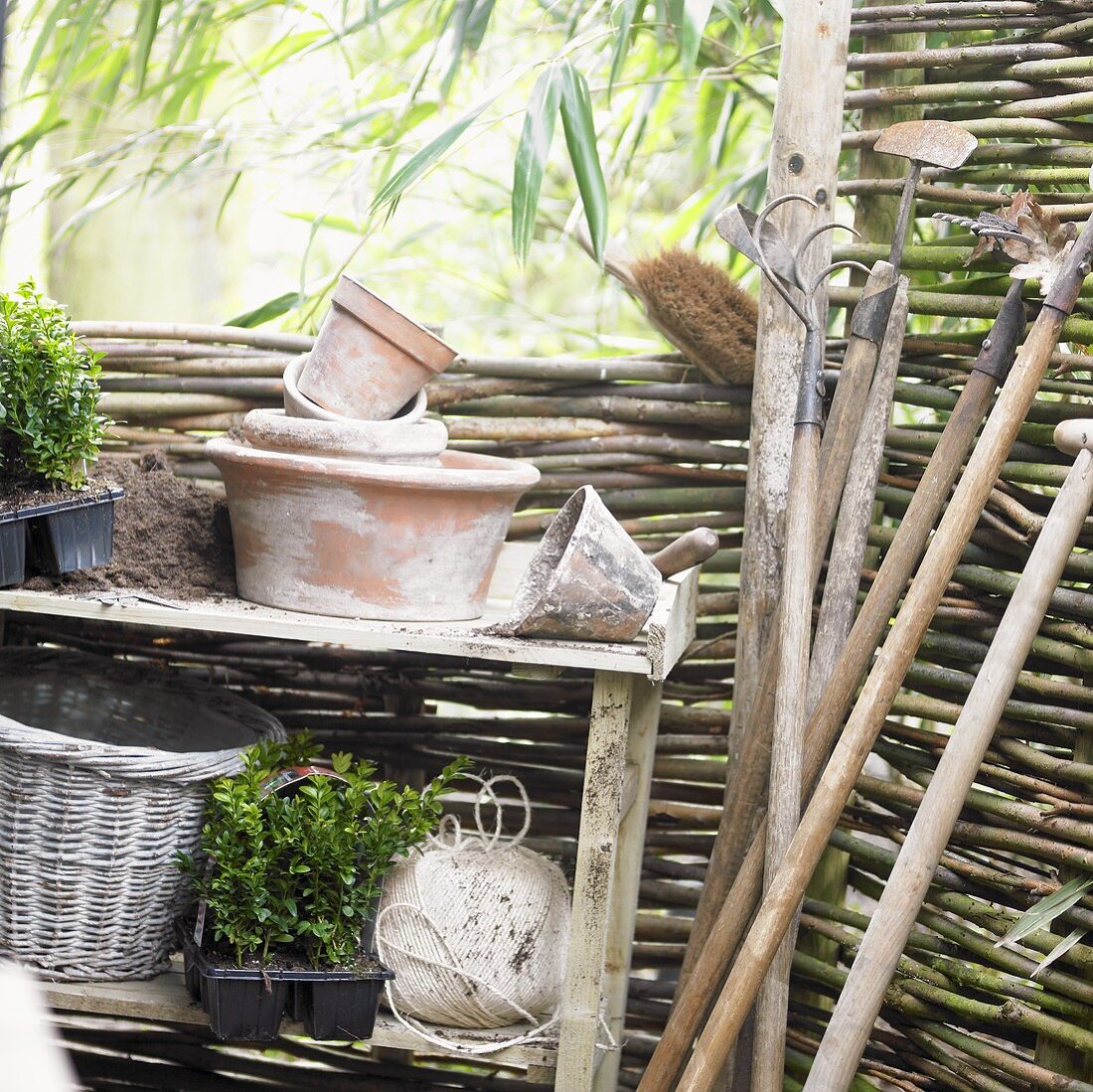 Gartenwerkzeug und Blumentöpfe am Weidenzaun