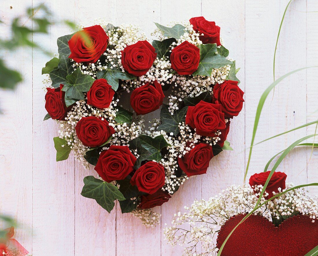Heart of red roses and Gypsophila