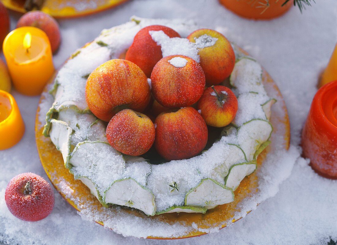 Wreath of dried apple slices with apples in snow