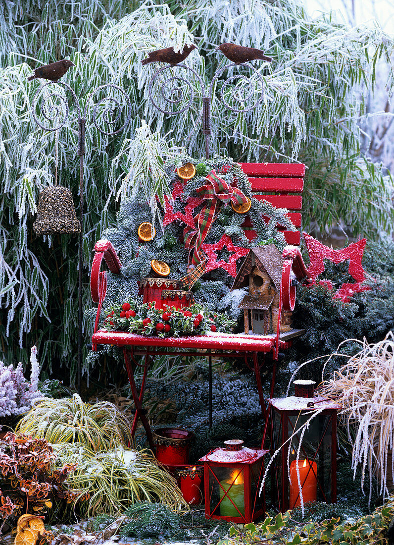 Chair decorated for Christmas in open air