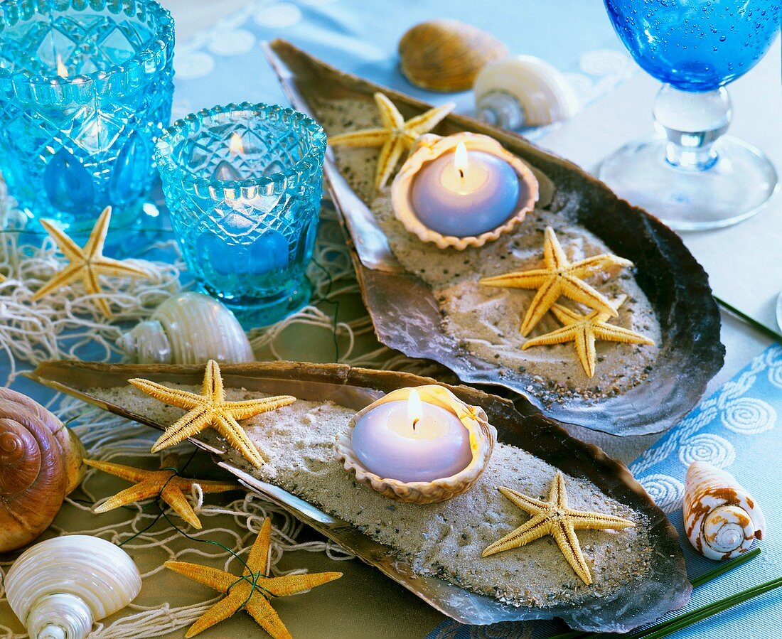 Large sea shells with sand, starfish and candles
