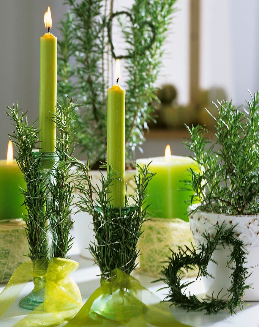 Candlestick with sprigs of rosemary and rosemary heart