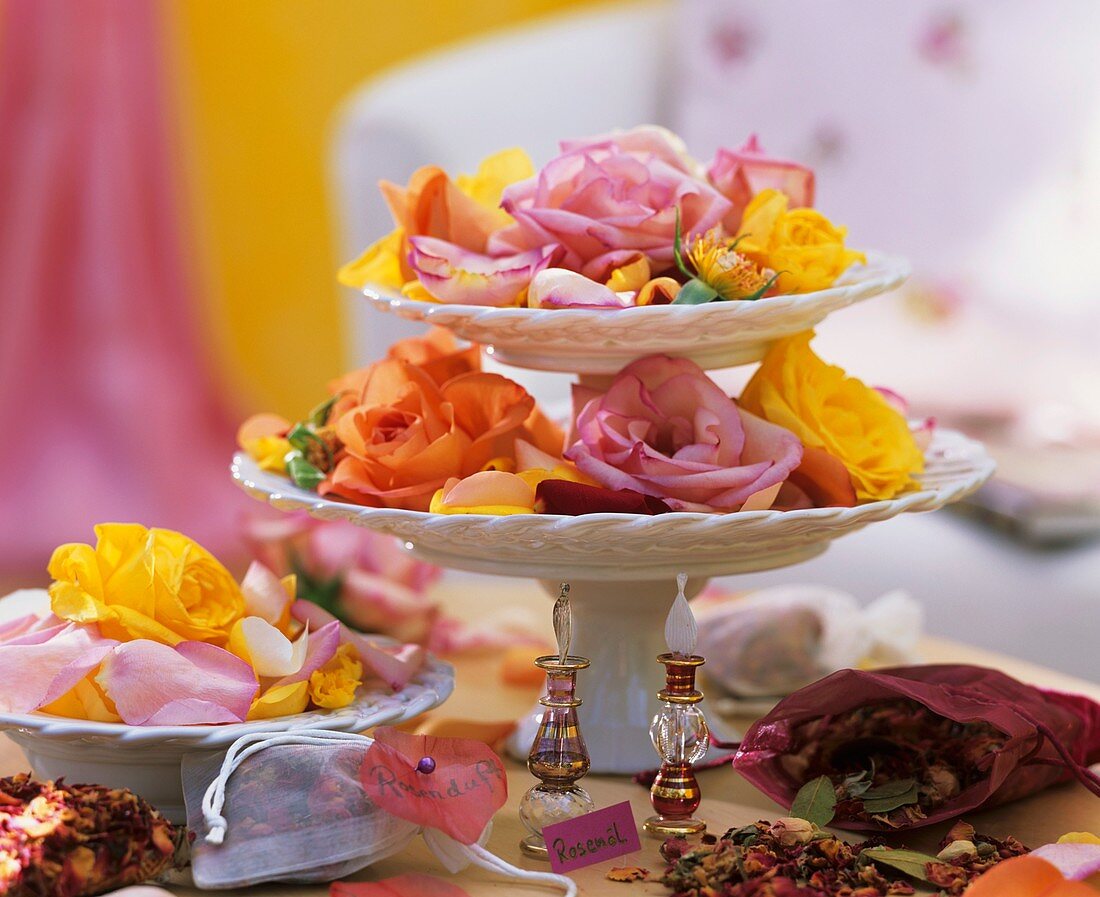 Rose potpourri on tiered stand and plate, for scented bags