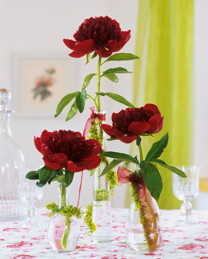 Peonies in individual vases with garlands