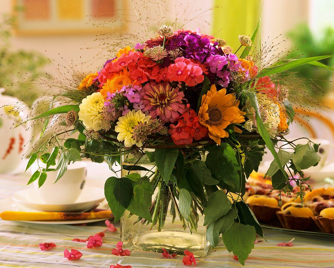 Birthday bouquet: zinnias, dahlias, Astrantia and Phlox