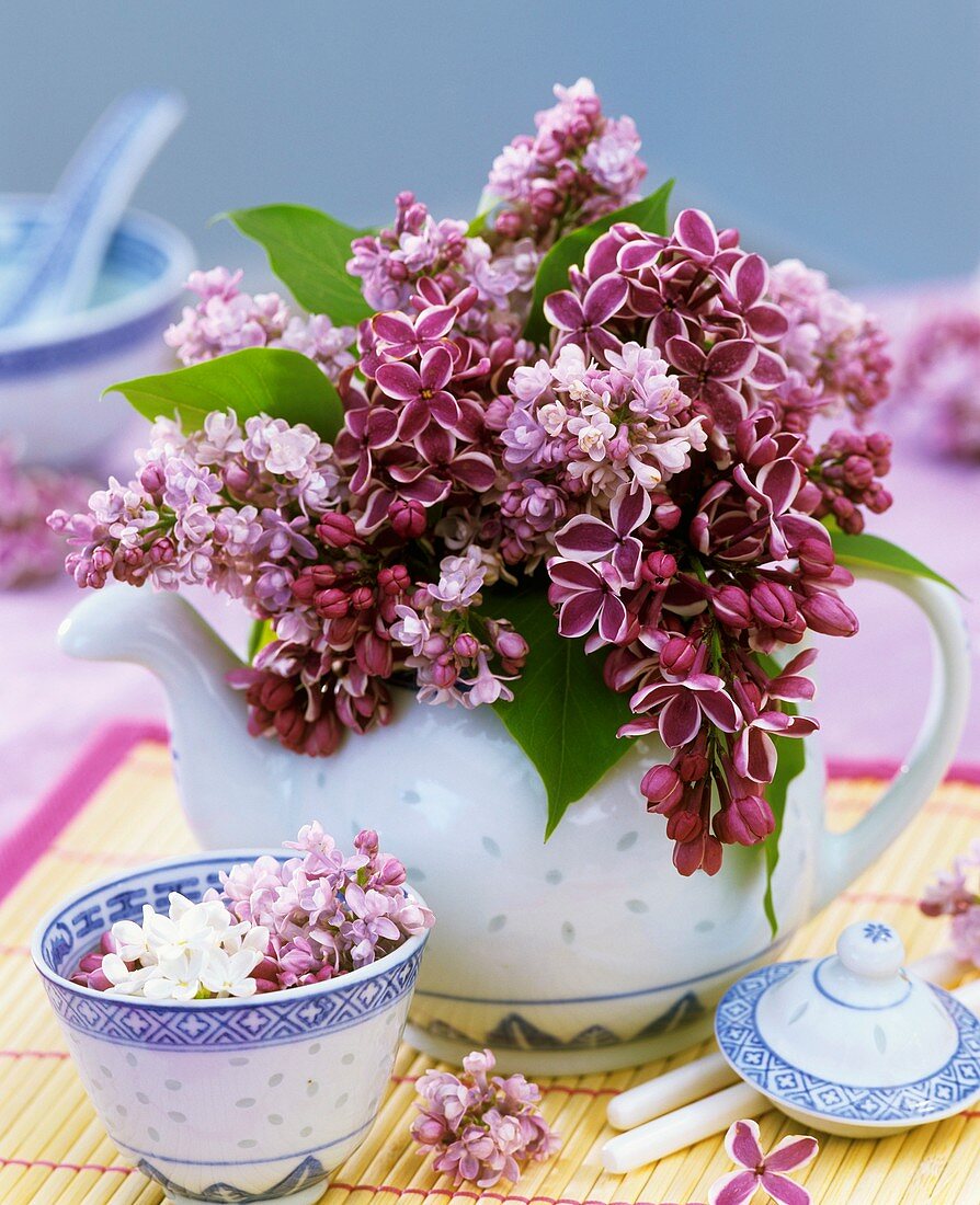 Lilac in rice-patterned teapot and bowl
