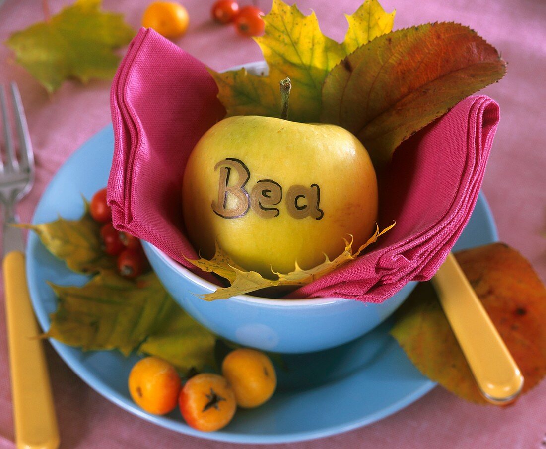 Apple place card in blue bowl, autumn leaves, crab apples