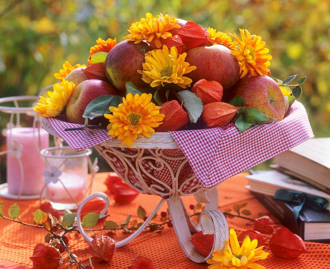 Schale mit Äpfeln, Herbstchrysanthemen und Lampionblumen