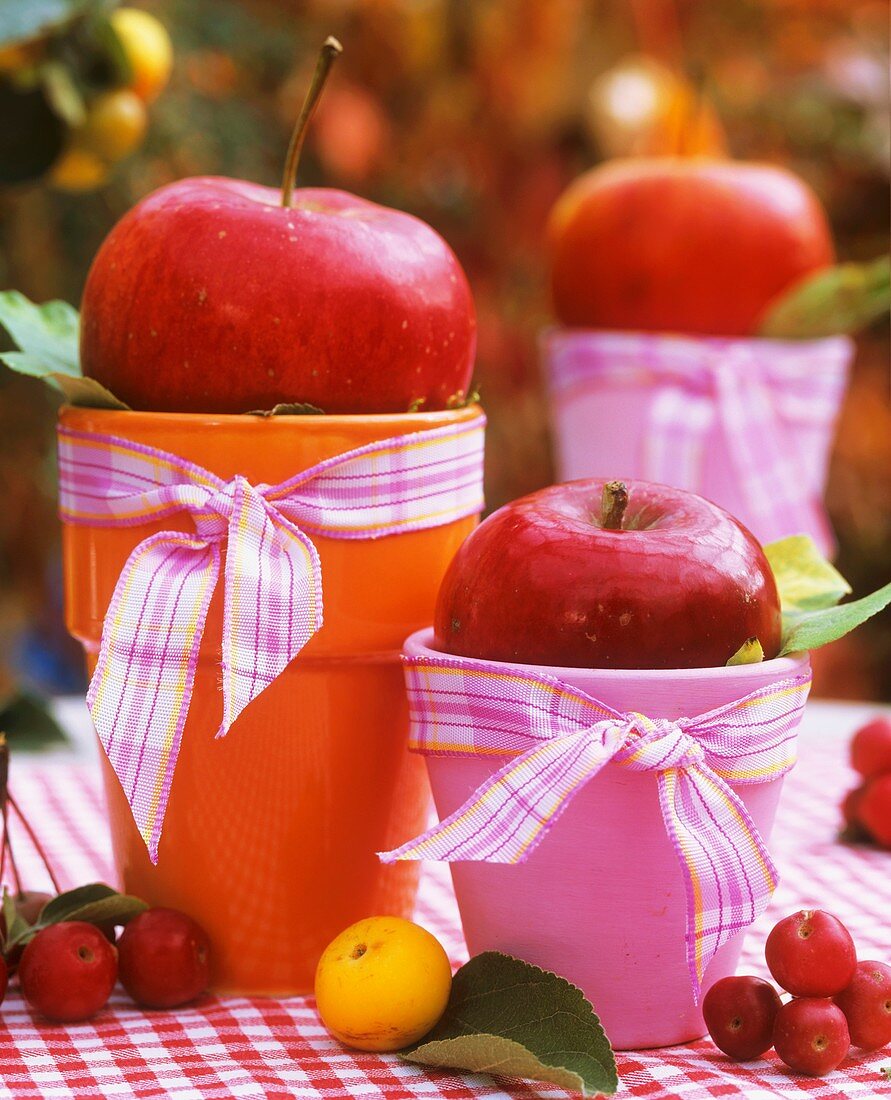 Apples on coloured beakers used as table decoration