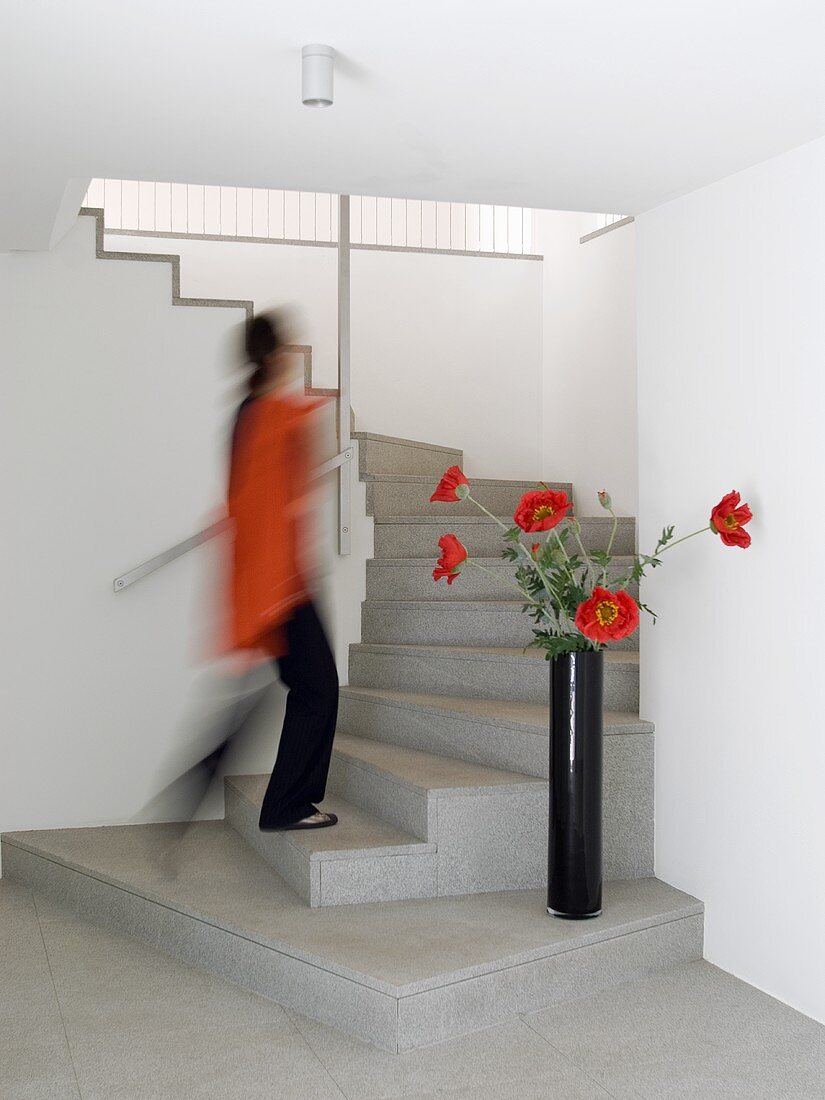Frau, eine moderne puristische Treppe hinaufgehend und dekorative Mohnblüten in schwarzer Vase