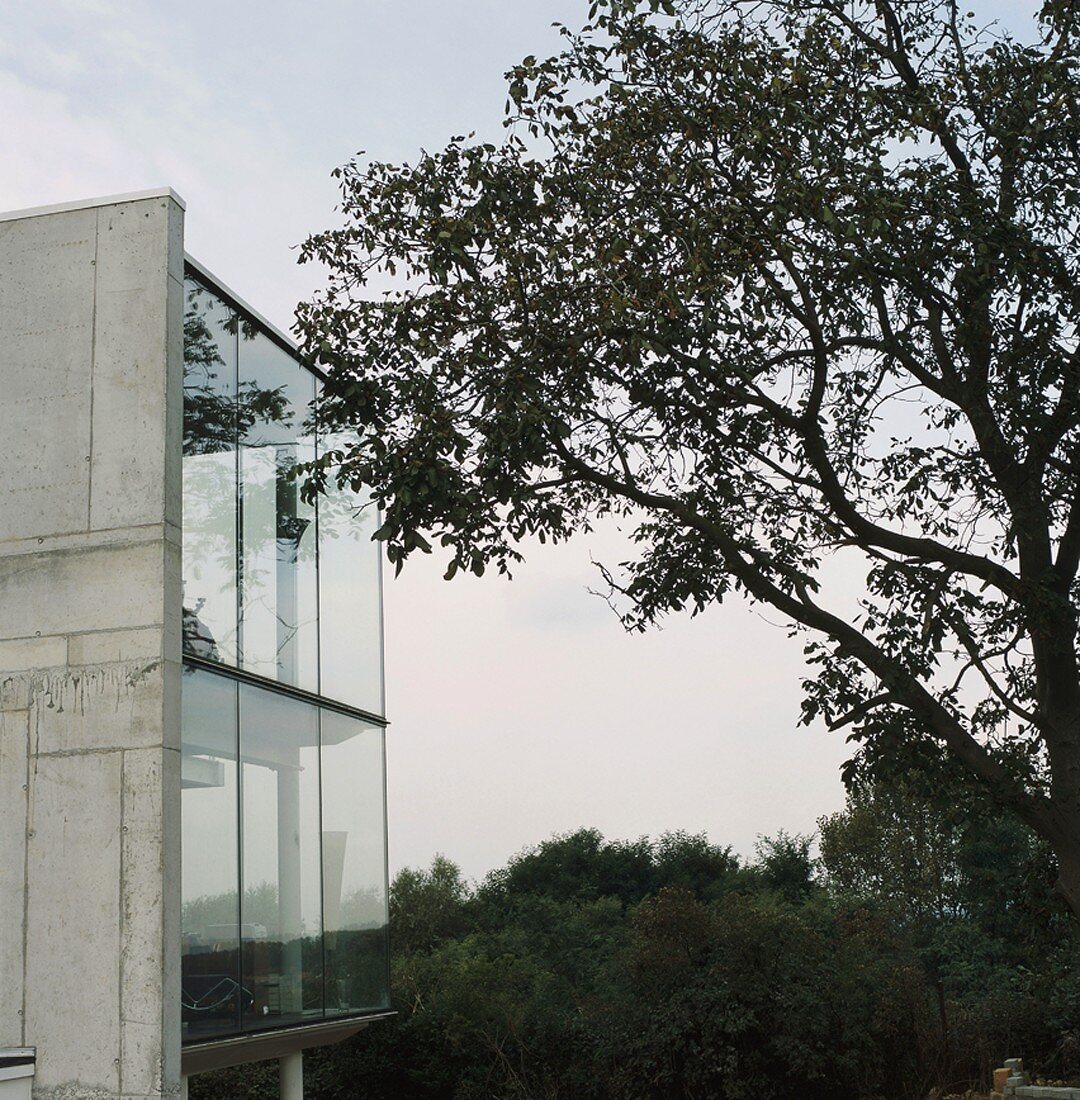 Zeitgenössisches Wohnhaus mit Fernblick - Glaskubus mit Rückwand aus Beton