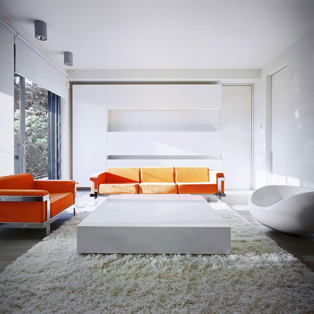 Zeitgenössische Wohnraum-Architektur mit orangefarbenen Designer-Sofas vor grosszügigem Einbauschrank und kubischem Couchtisch