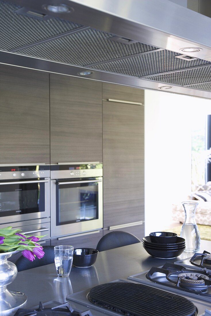 Blick vom Küchenblock mit Edelstahlarbeitsfläche auf eingebaute Küchengeräte