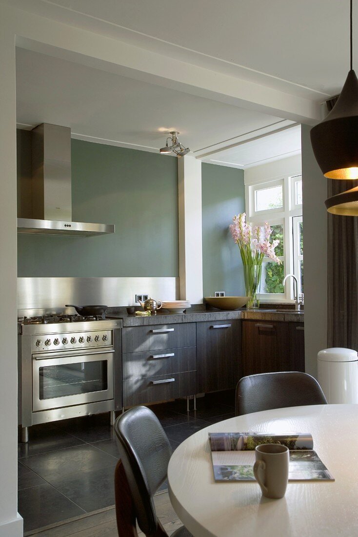 View over dining table to kitchen counter with stainless steel splashback, cooker and extractor hood