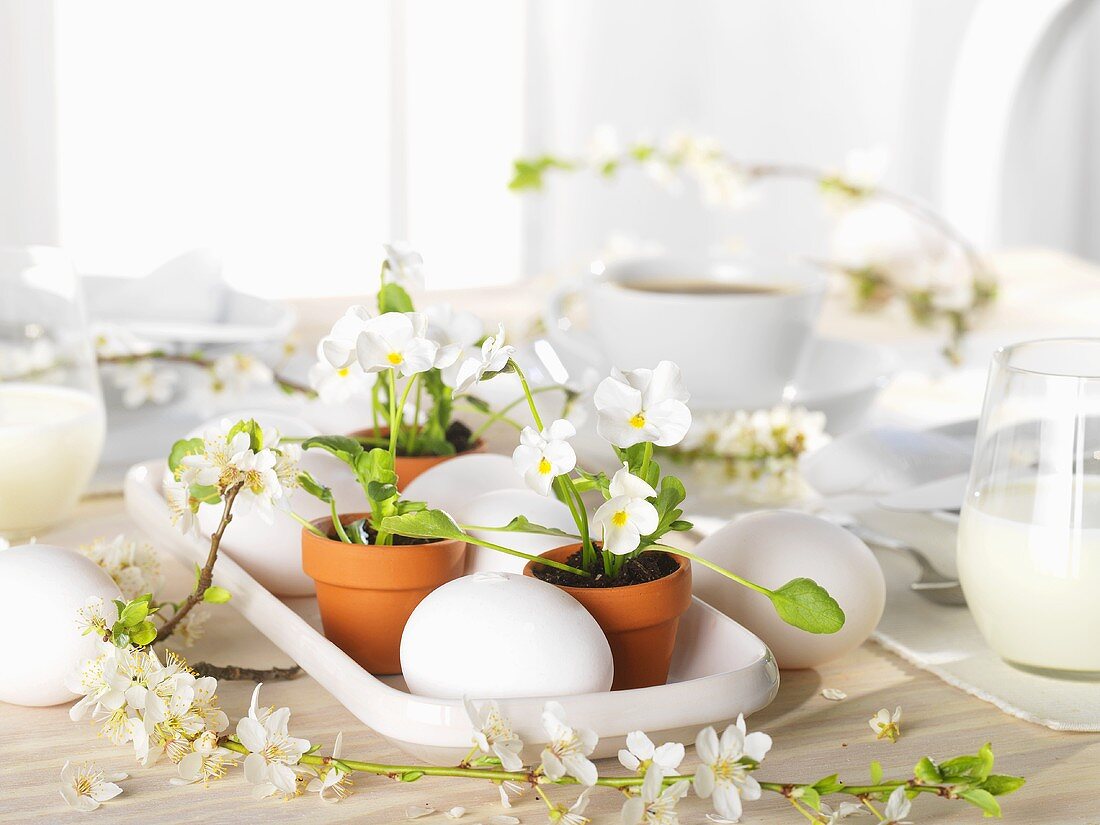 Floral decoration and eggs on Easter table