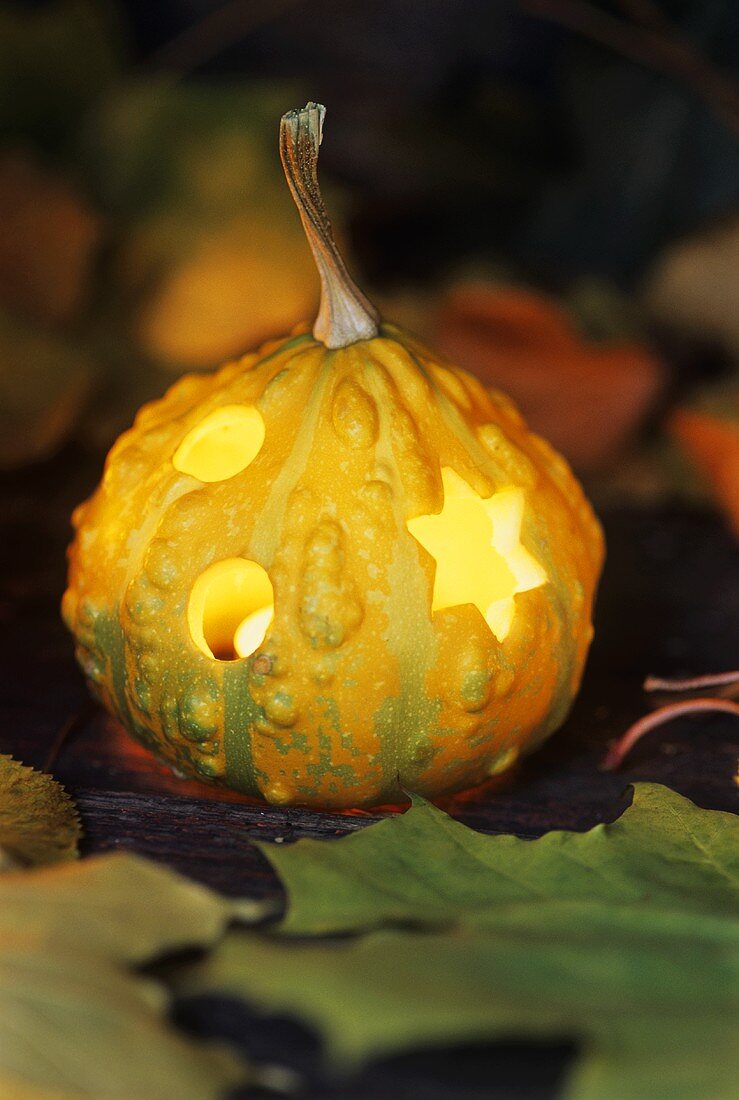 Hollowed-out pumpkin, illuminated from within