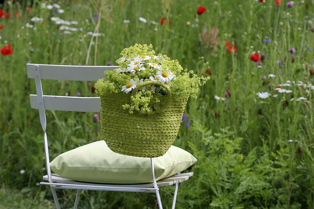 Bag filled with marguerites and lady’s mantle