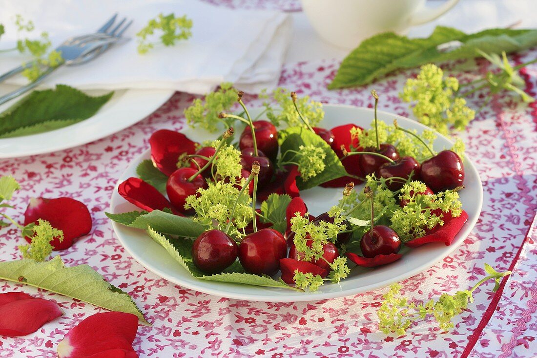 Wreath of cherries and lady's mantle on a plate