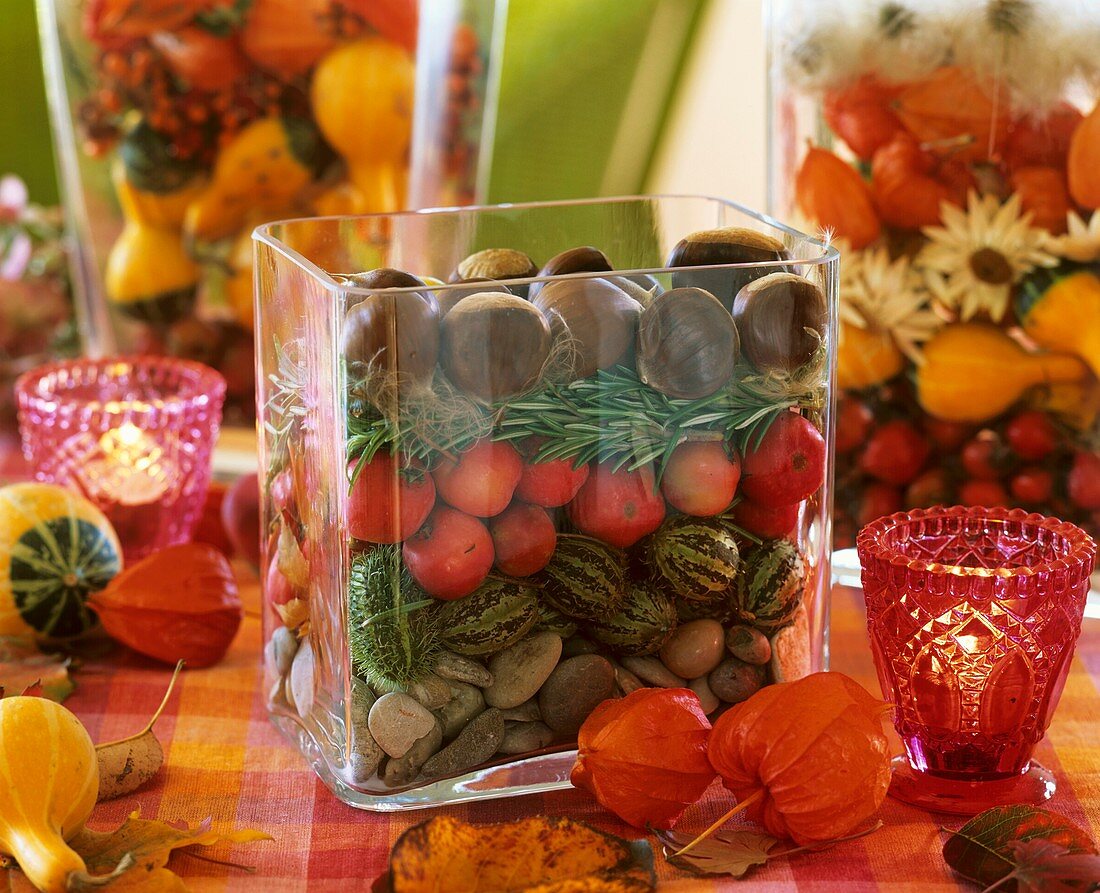 Autumn decorations in glass containers