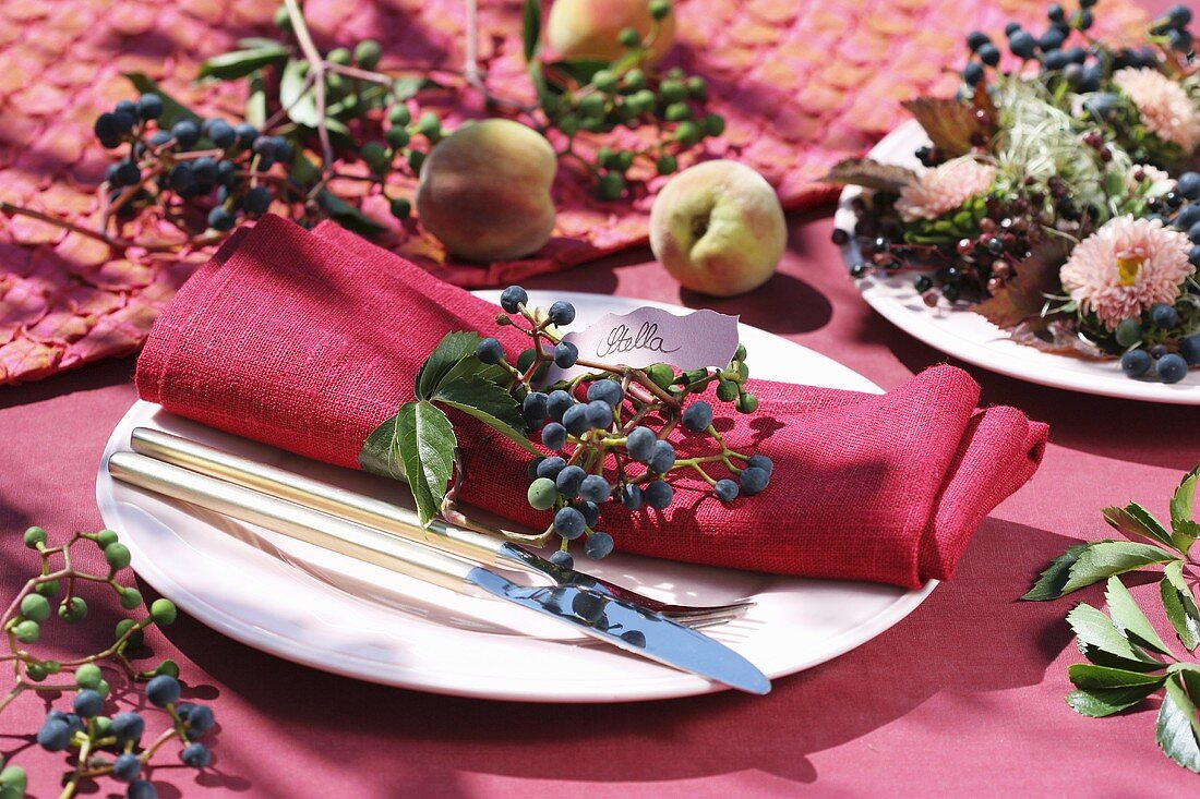 Place-setting decorated with Boston ivy