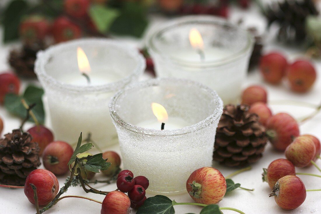 Frosted glasses with candles, crab apples, cones and haws