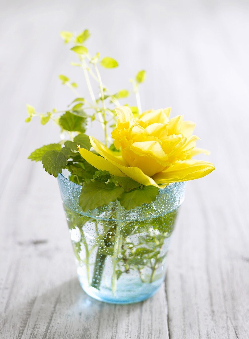 Table decoration of spring flowers in a glass of water